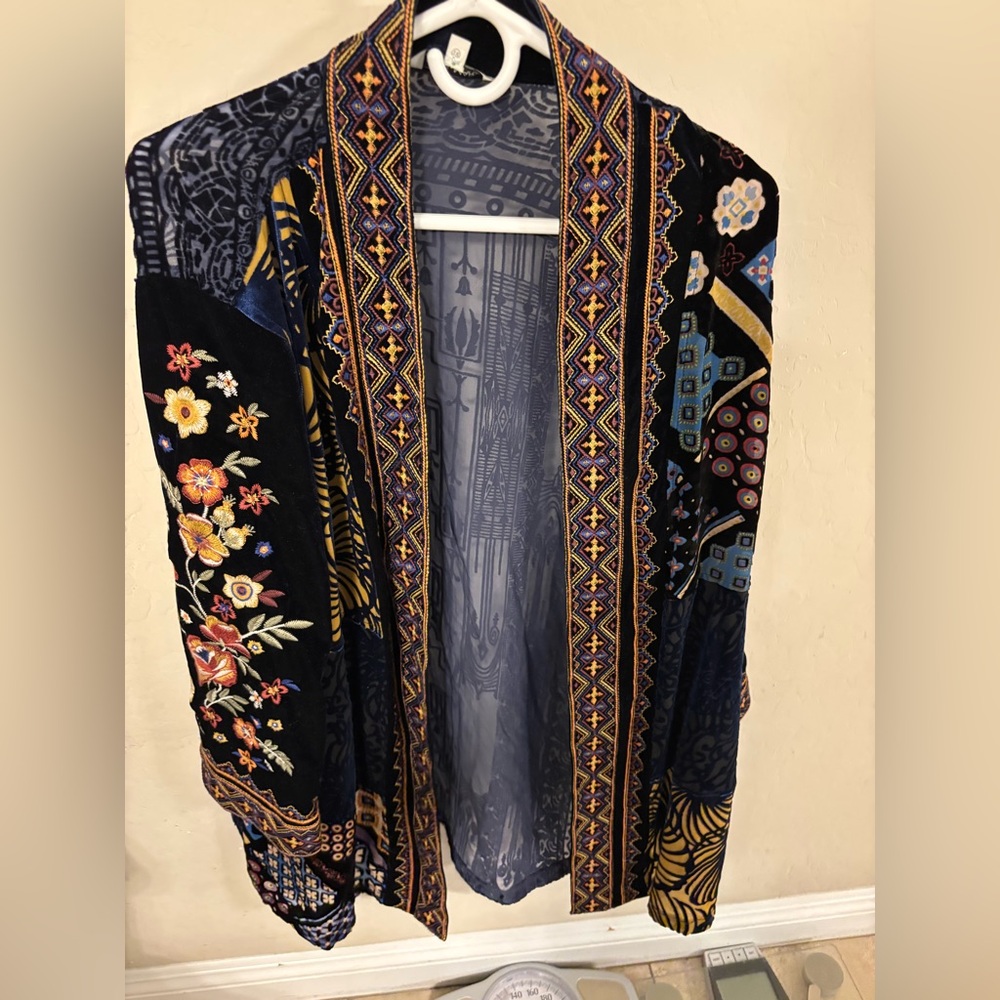 John Mark Embroidered Navy Velvet Open-Front Jacket with Multicolor Trim